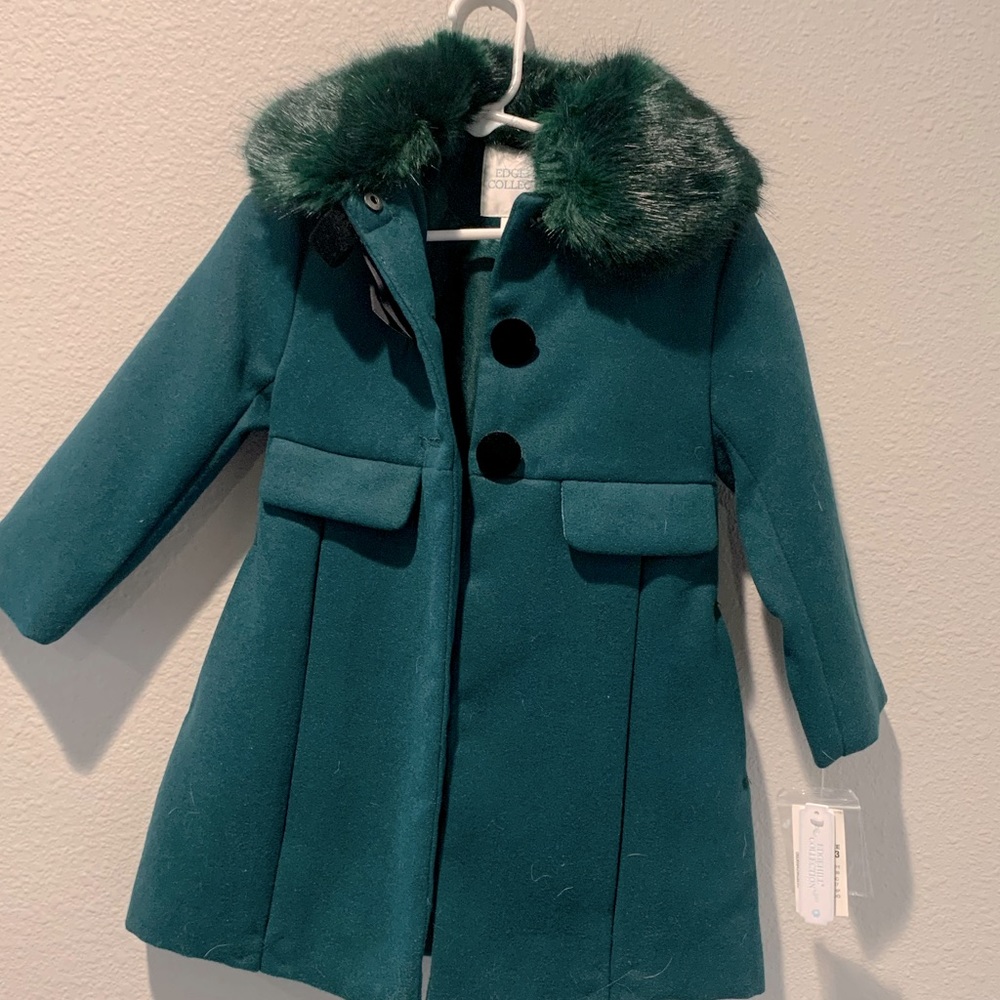 Gorgeous Emerald Green Pea Coat with Removable Fur Collar - Girls 2T/3T